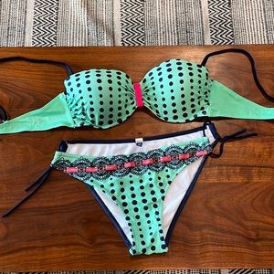Teal and navy polka dot bikini